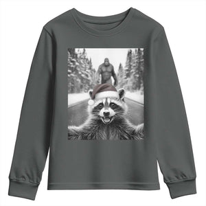 Funny Racoon With Bigfoot Selfie Christmas Youth Sweatshirt TS14 Dark Heather Print Your Wear
