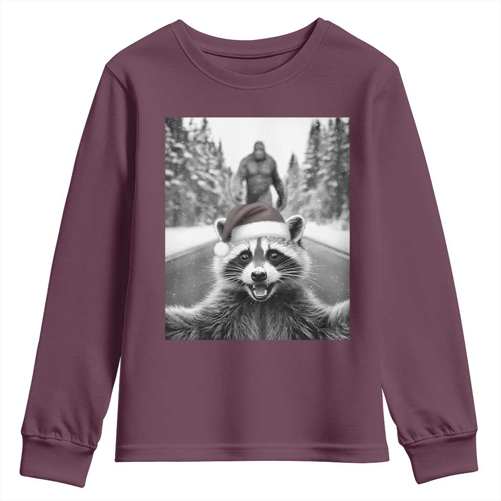Funny Racoon With Bigfoot Selfie Christmas Youth Sweatshirt TS14 Maroon Print Your Wear