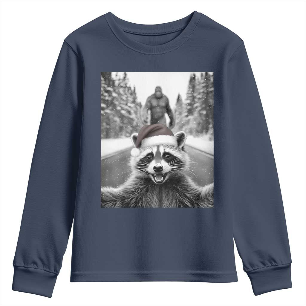 Funny Racoon With Bigfoot Selfie Christmas Youth Sweatshirt TS14 Navy Print Your Wear