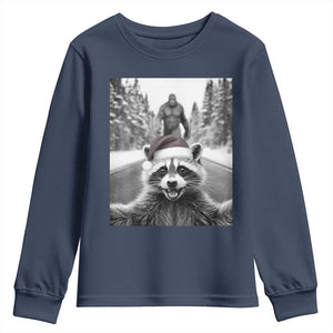 Funny Racoon With Bigfoot Selfie Christmas Youth Sweatshirt TS14 Navy Print Your Wear