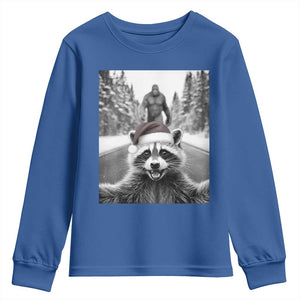 Funny Racoon With Bigfoot Selfie Christmas Youth Sweatshirt TS14 Royal Blue Print Your Wear