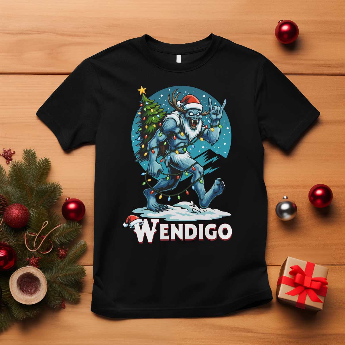 Funny Wendigo Monster Christmas T Shirt Rock On Hand Meme Xmas TS14 Black Print Your Wear