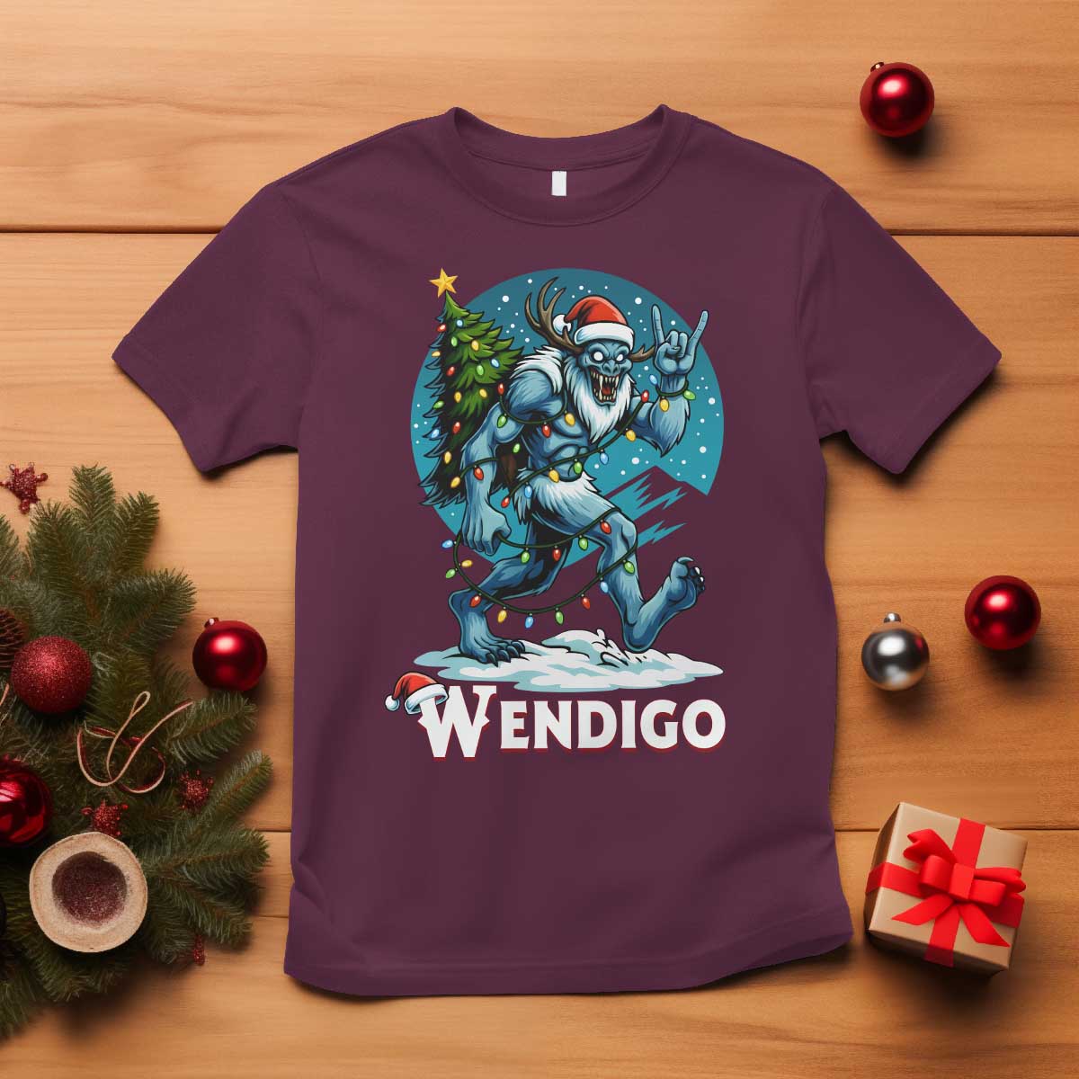 Funny Wendigo Monster Christmas T Shirt Rock On Hand Meme Xmas TS14 Maroon Print Your Wear