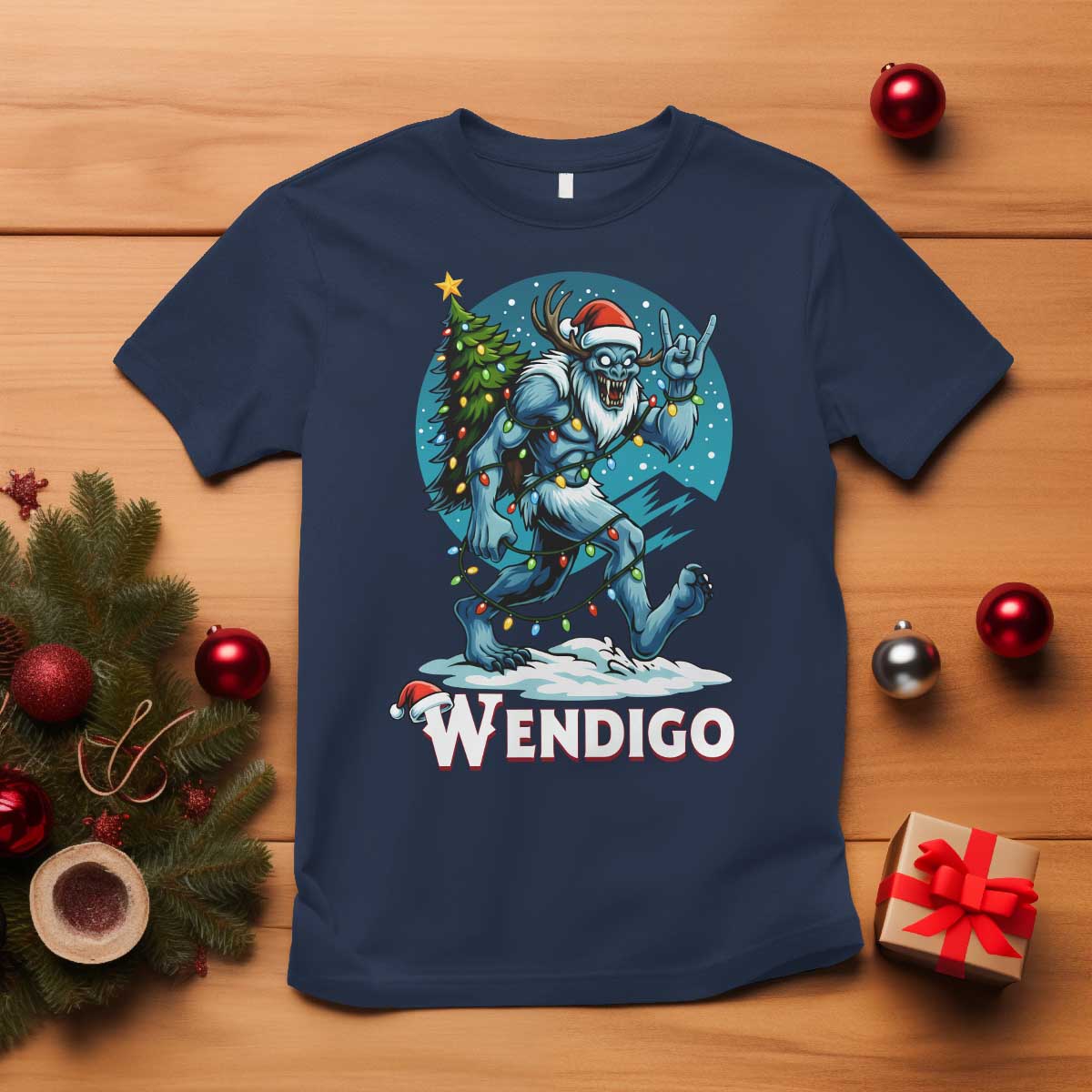 Funny Wendigo Monster Christmas T Shirt Rock On Hand Meme Xmas TS14 Navy Print Your Wear