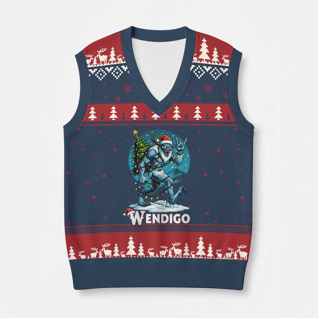 Funny Wendigo Monster Xmas V-Neck Knit Sweater Vest Rock On Hand Meme Xmas TS14 Navy Red Print Your Wear