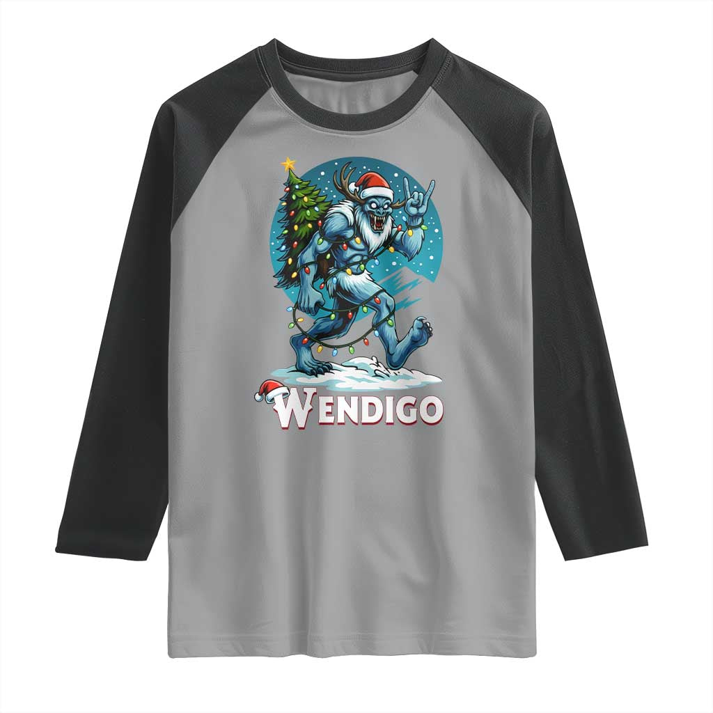 Funny Wendigo Monster Christmas Raglan Shirt Rock On Hand Meme Xmas TS14 Sport Gray Black Print Your Wear
