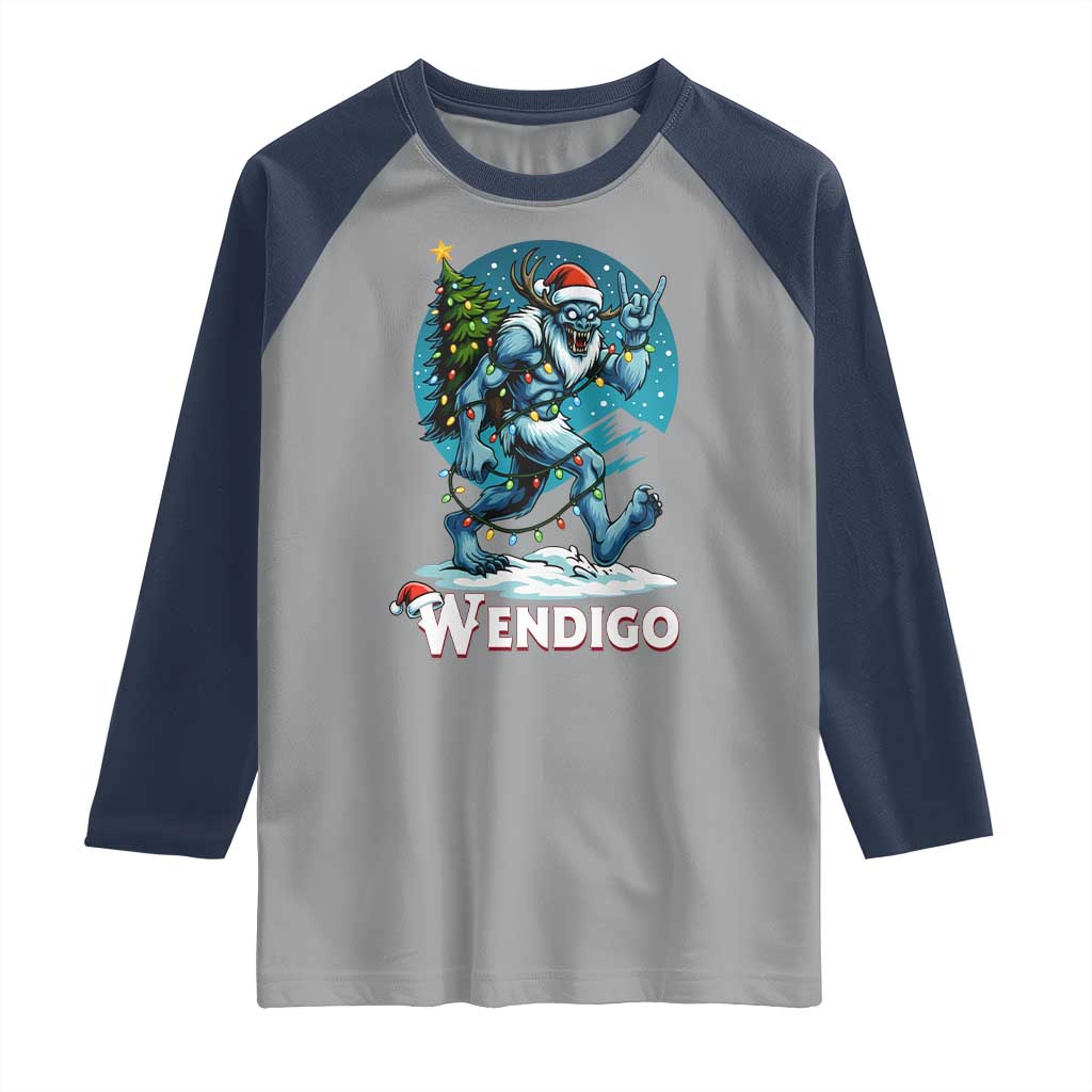 Funny Wendigo Monster Christmas Raglan Shirt Rock On Hand Meme Xmas TS14 Sport Gray Navy Print Your Wear