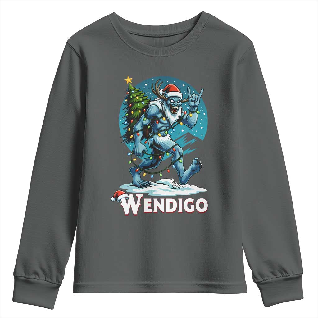 Funny Wendigo Monster Christmas Youth Sweatshirt Rock On Hand Meme Xmas TS14 Dark Heather Print Your Wear