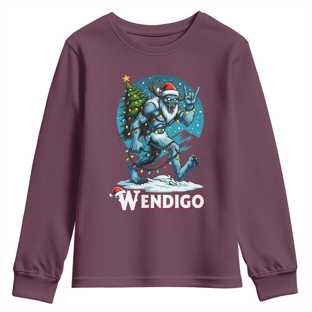 Funny Wendigo Monster Christmas Youth Sweatshirt Rock On Hand Meme Xmas TS14 Maroon Print Your Wear