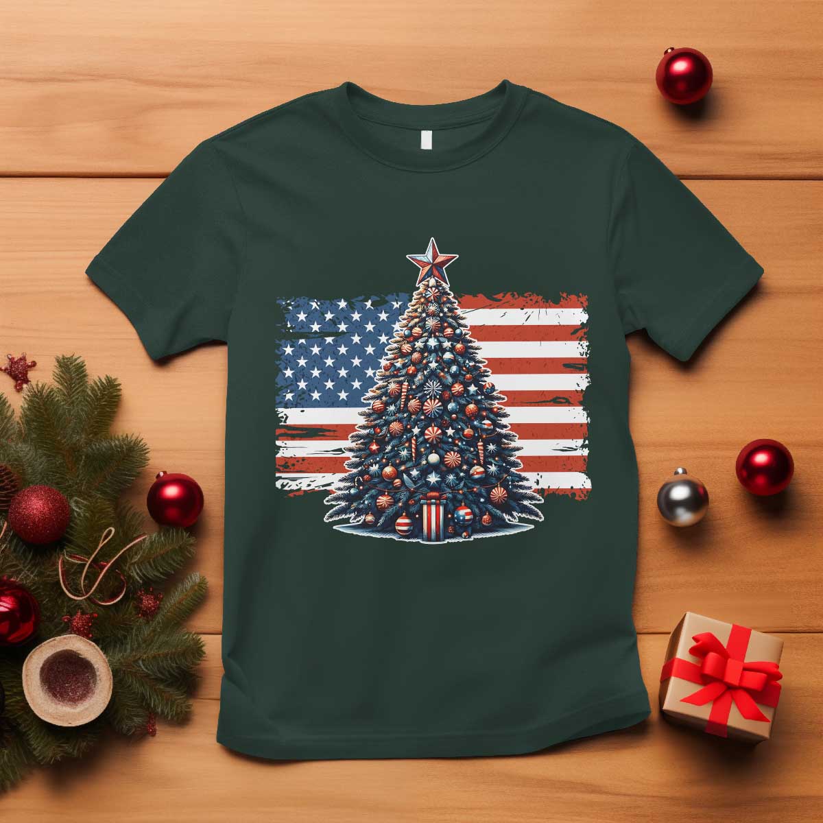 Patriotic American Flag Christmas T Shirt TS14 Dark Forest Green Print Your Wear