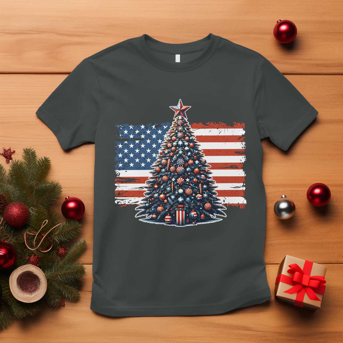 Patriotic American Flag Christmas T Shirt TS14 Dark Heather Print Your Wear