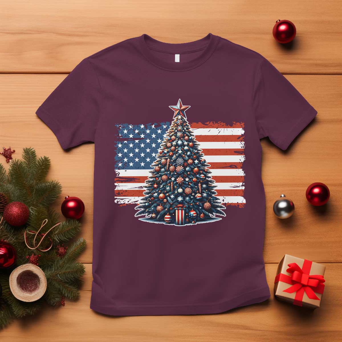 Patriotic American Flag Christmas T Shirt TS14 Maroon Print Your Wear
