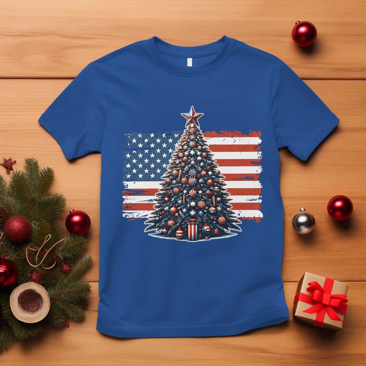 Patriotic American Flag Christmas T Shirt TS14 Royal Blue Print Your Wear