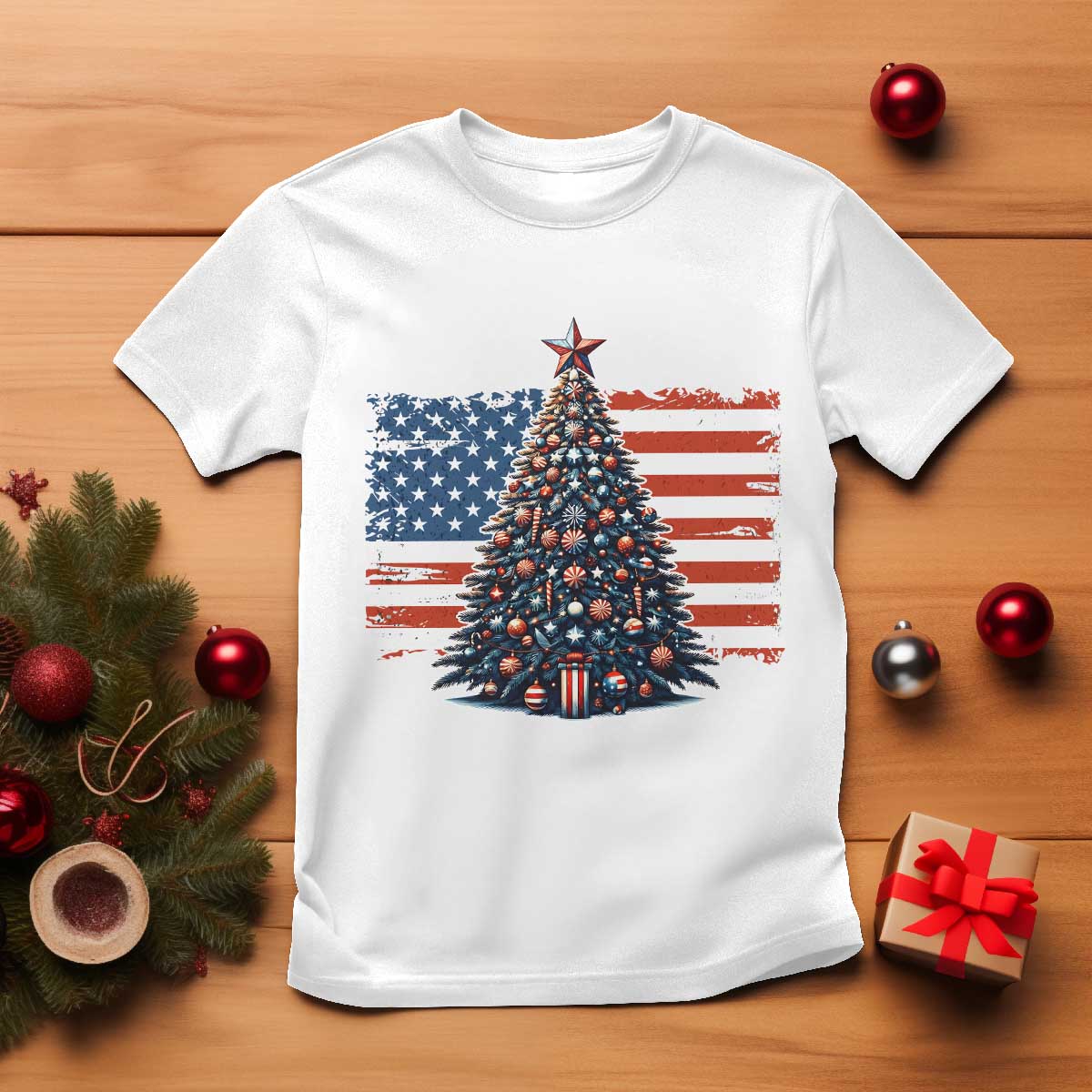 Patriotic American Flag Christmas T Shirt TS14 White Print Your Wear
