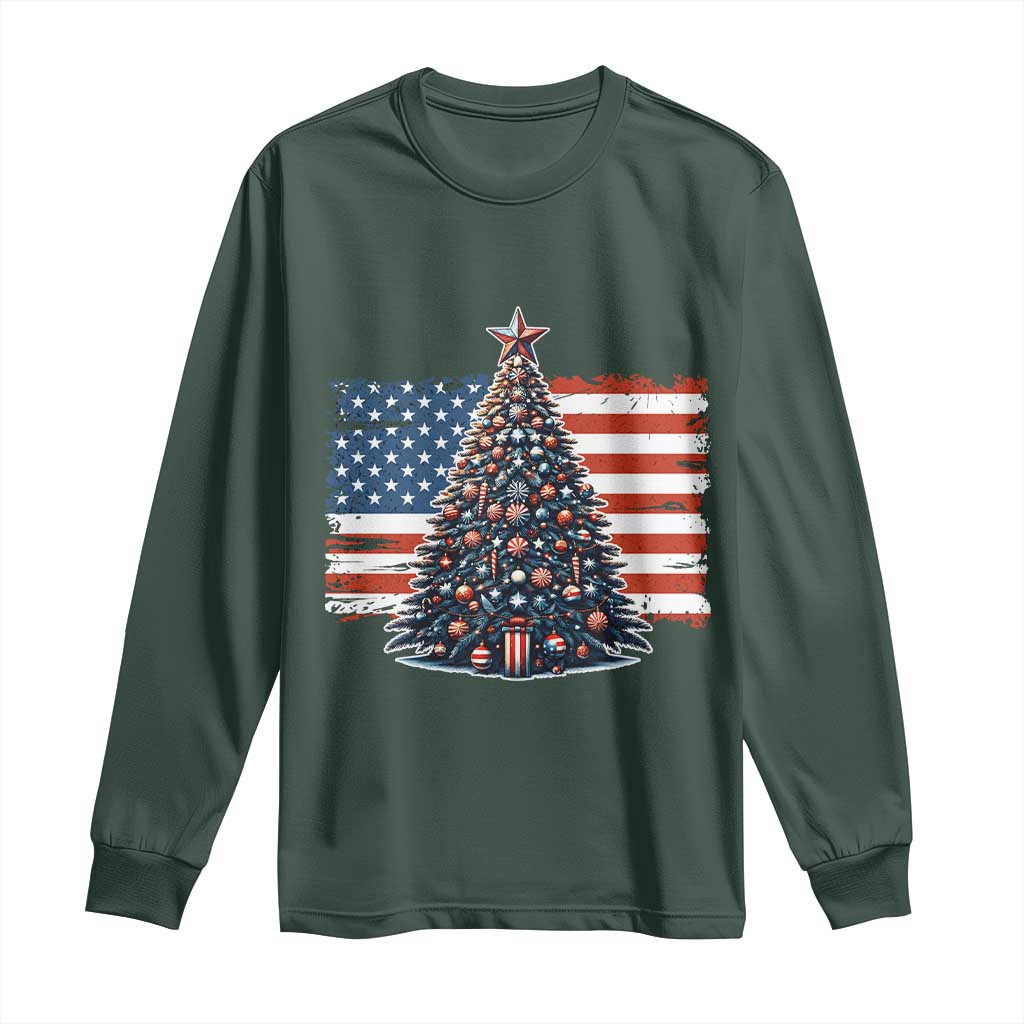 Patriotic American Flag Christmas Long Sleeve Shirt TS14 Dark Forest Green Print Your Wear