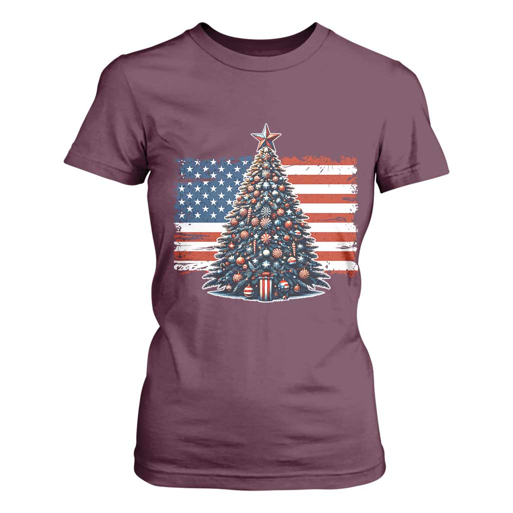 Patriotic American Flag Christmas T Shirt For Women TS14 Maroon Print Your Wear
