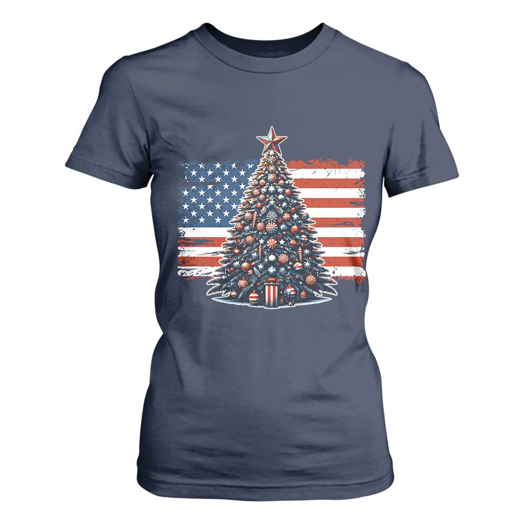 Patriotic American Flag Christmas T Shirt For Women TS14 Navy Print Your Wear