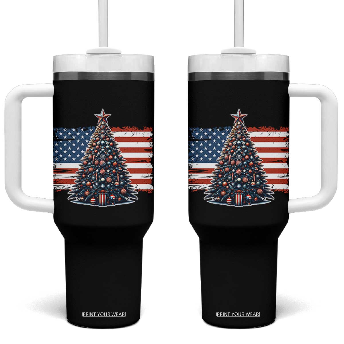 Patriotic American Flag Christmas Tumbler With Handle TS14 One Size: 40 oz Black Print Your Wear