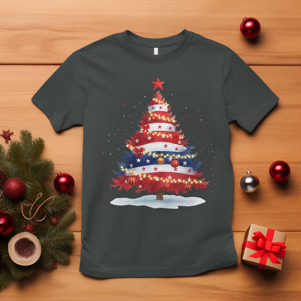 Christmas Tree American Flag Patriotic T Shirt TS14 Dark Heather Print Your Wear