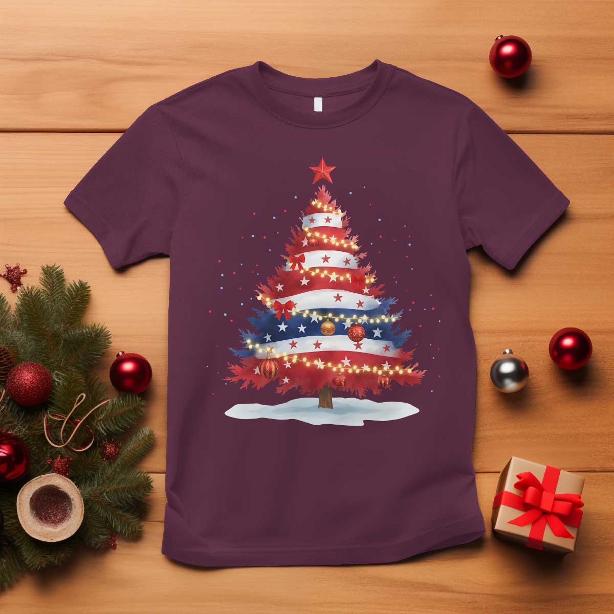 Christmas Tree American Flag Patriotic T Shirt TS14 Maroon Print Your Wear