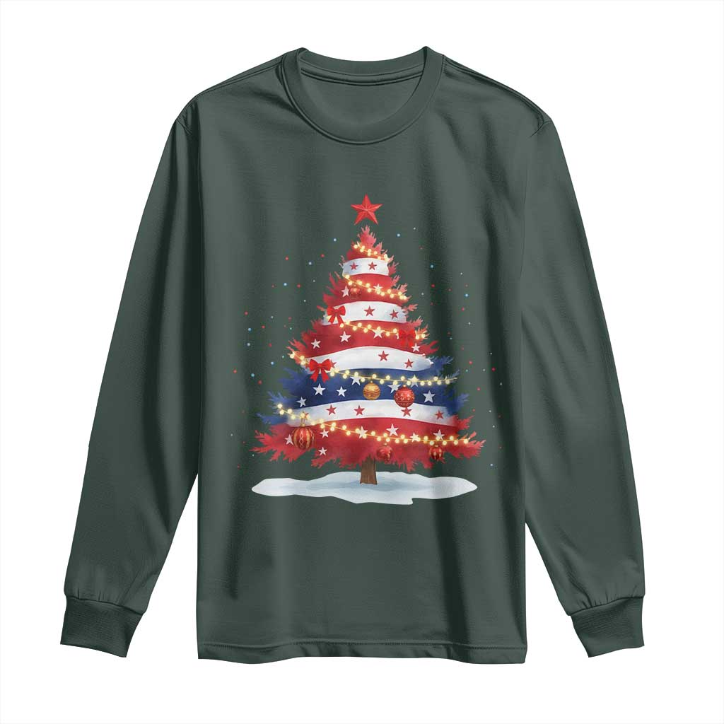 Christmas Tree American Flag Patriotic Long Sleeve Shirt TS14 Dark Forest Green Print Your Wear