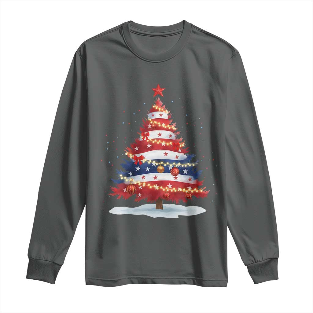 Christmas Tree American Flag Patriotic Long Sleeve Shirt TS14 Dark Heather Print Your Wear