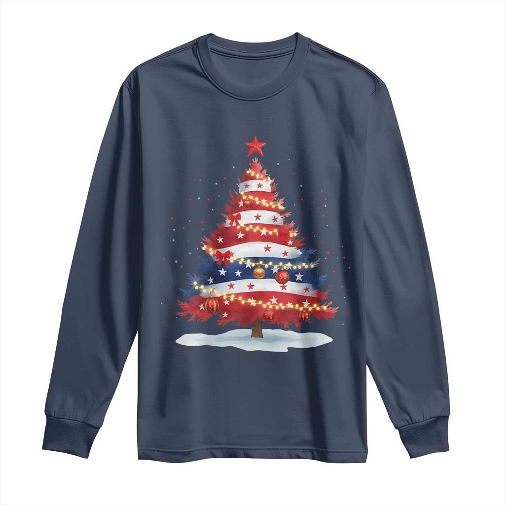 Christmas Tree American Flag Patriotic Long Sleeve Shirt TS14 Navy Print Your Wear