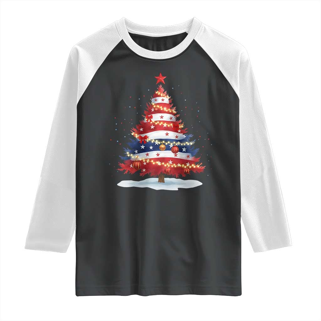 Christmas Tree American Flag Patriotic Raglan Shirt TS14 Black White Print Your Wear