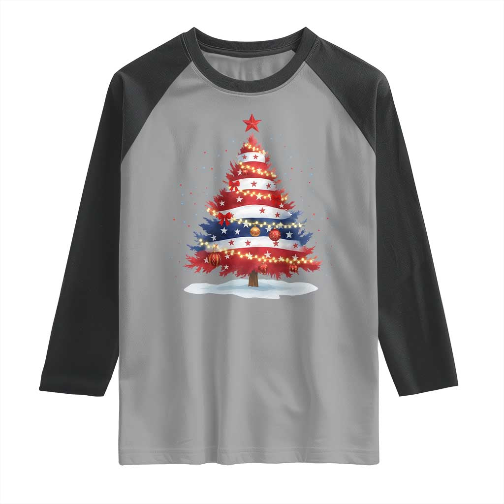 Christmas Tree American Flag Patriotic Raglan Shirt TS14 Sport Gray Black Print Your Wear