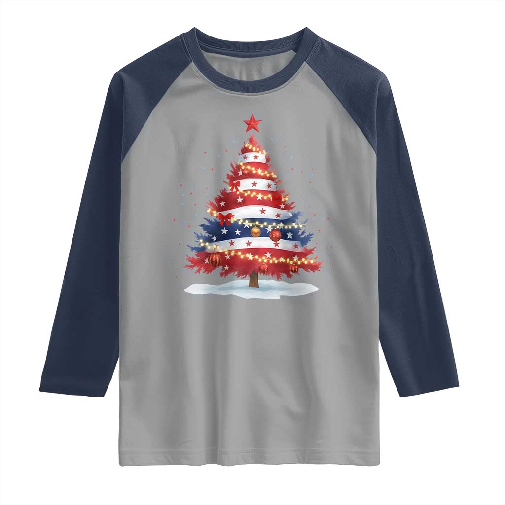 Christmas Tree American Flag Patriotic Raglan Shirt TS14 Sport Gray Navy Print Your Wear