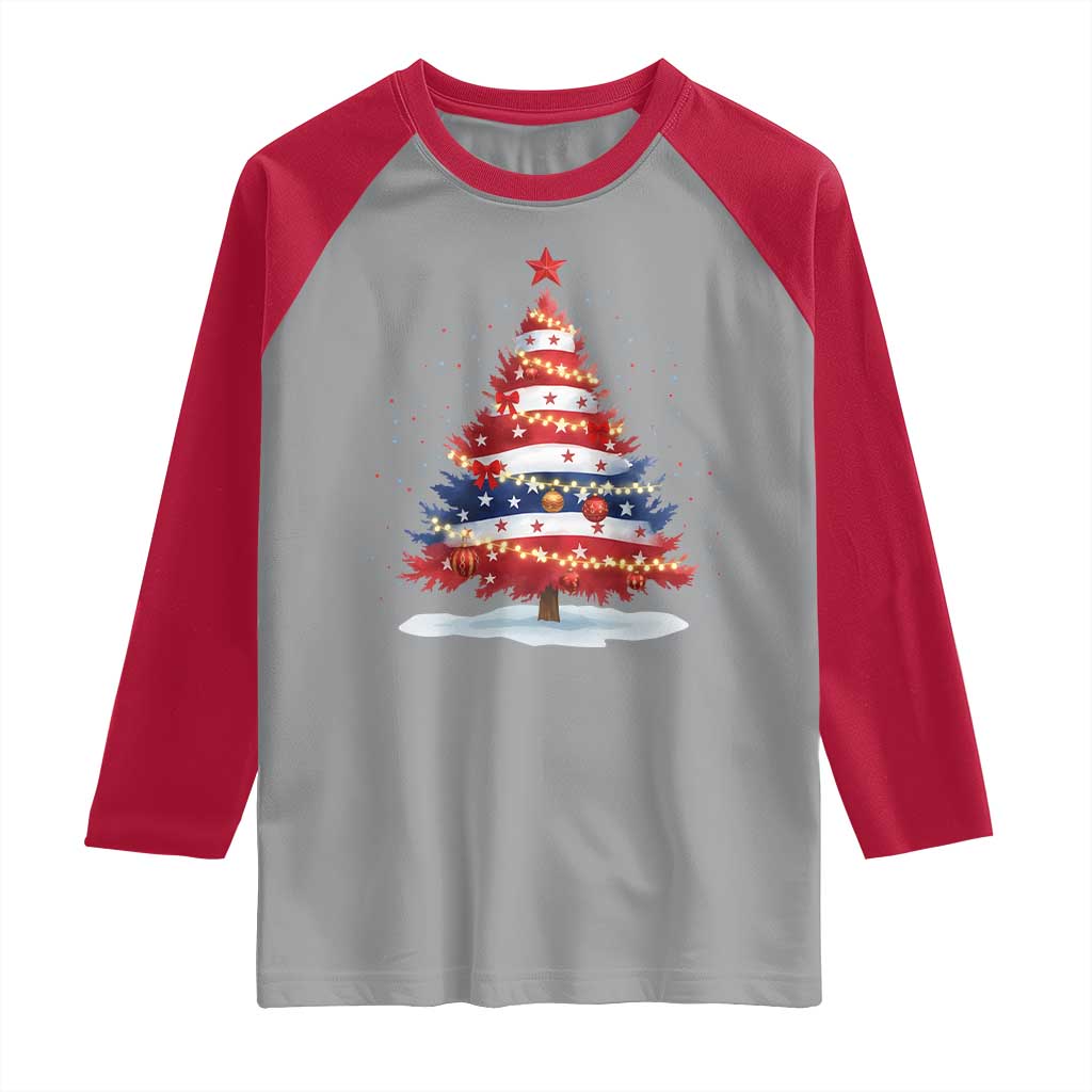 Christmas Tree American Flag Patriotic Raglan Shirt TS14 Sport Gray Red Print Your Wear