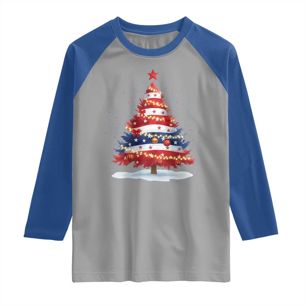 Christmas Tree American Flag Patriotic Raglan Shirt TS14 Sport Gray Royal Print Your Wear
