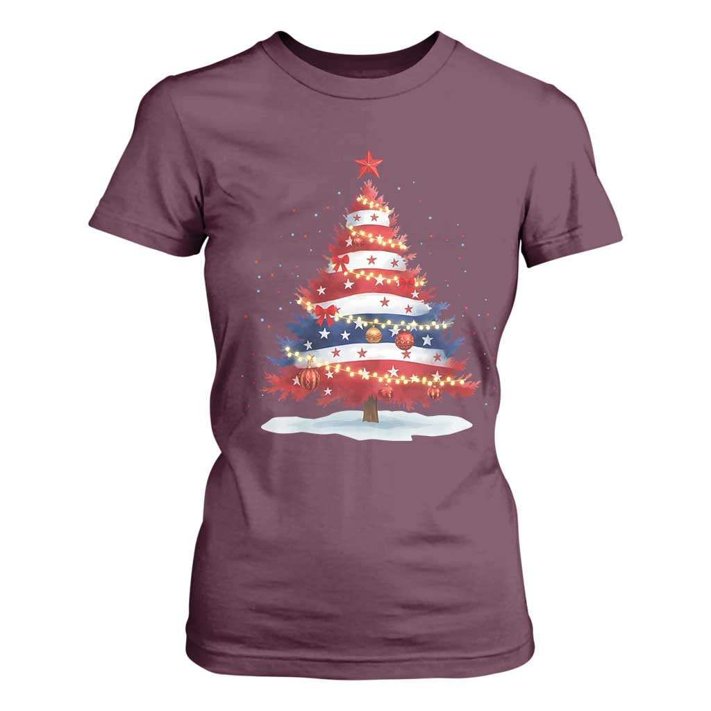 Christmas Tree American Flag Patriotic T Shirt For Women TS14 Maroon Print Your Wear