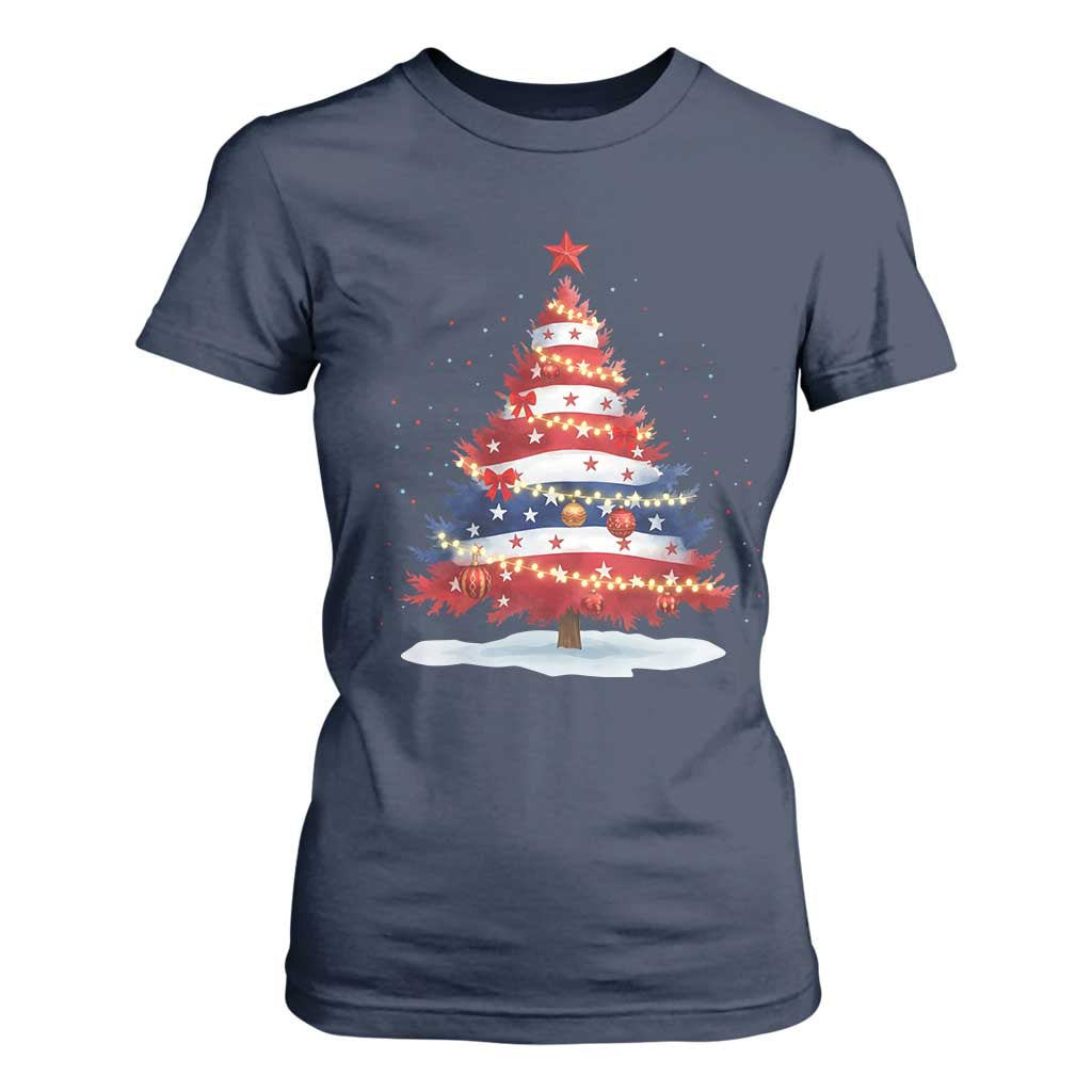 Christmas Tree American Flag Patriotic T Shirt For Women TS14 Navy Print Your Wear
