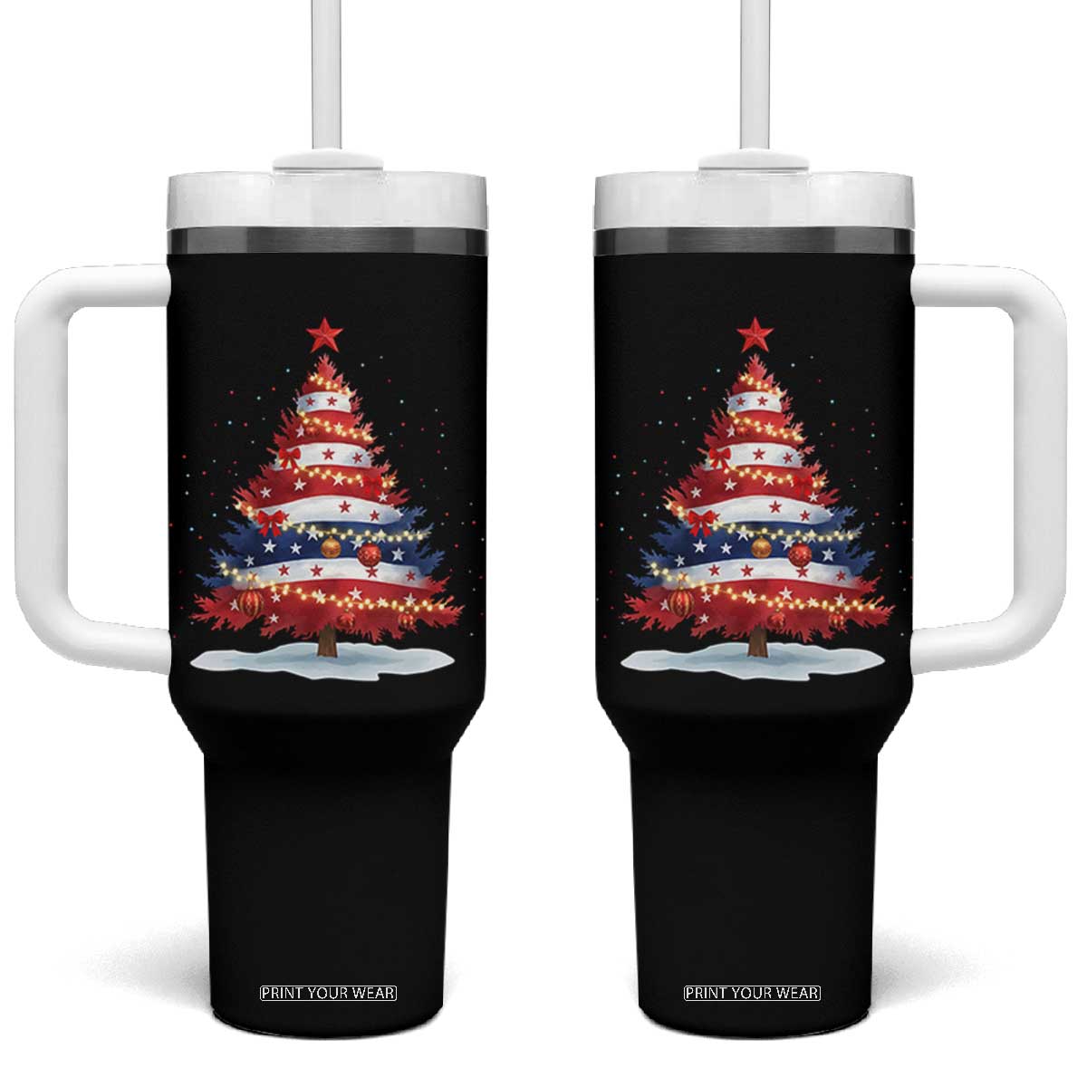 Christmas Tree American Flag Patriotic Tumbler With Handle TS14 One Size: 40 oz Black Print Your Wear