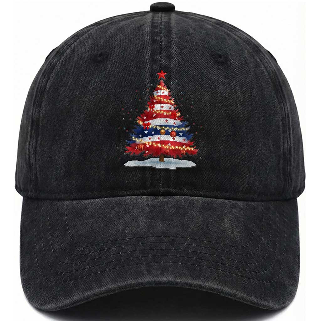 Christmas Tree American Flag Patriotic Washed Cotton Baseball Cap TS14 Washed Cap Universal Fit Black Print Your Wear