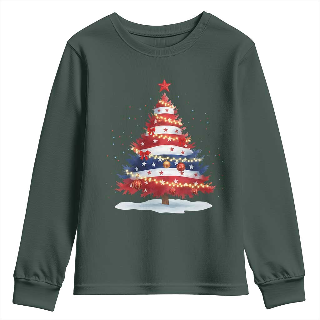 Christmas Tree American Flag Patriotic Youth Sweatshirt TS14 Dark Forest Green Print Your Wear