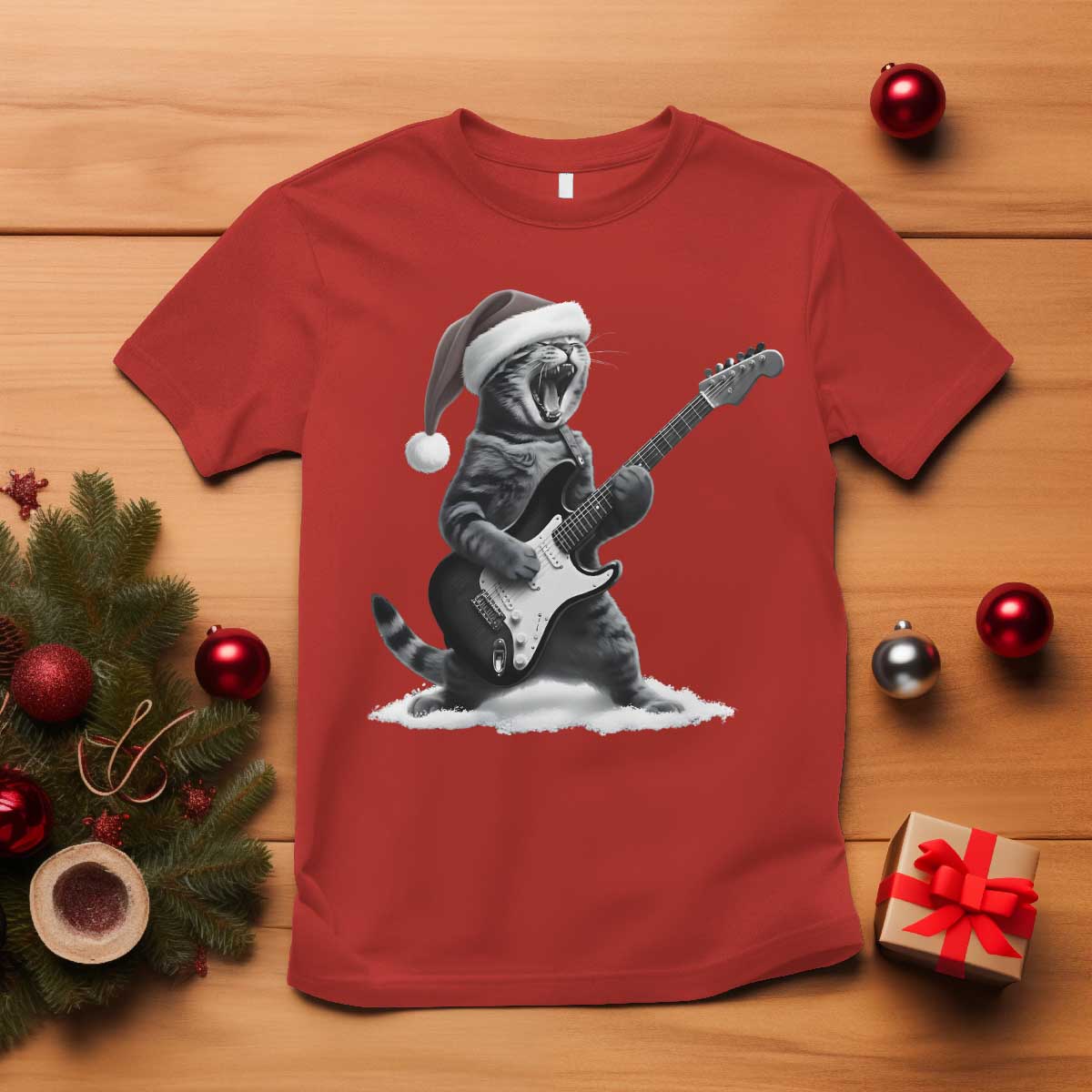 Funny Cat Guitar T Shirt Rock and Roll Christmas TS14 Red Print Your Wear