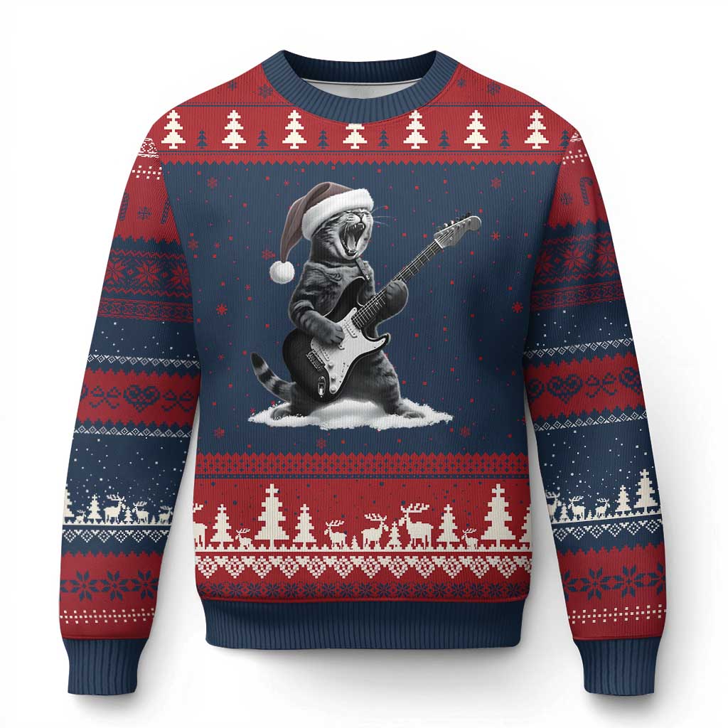 Funny Cat Guitar Ugly Christmas Sweater Rock and Roll Xmas TS14 Navy Red Print Your Wear