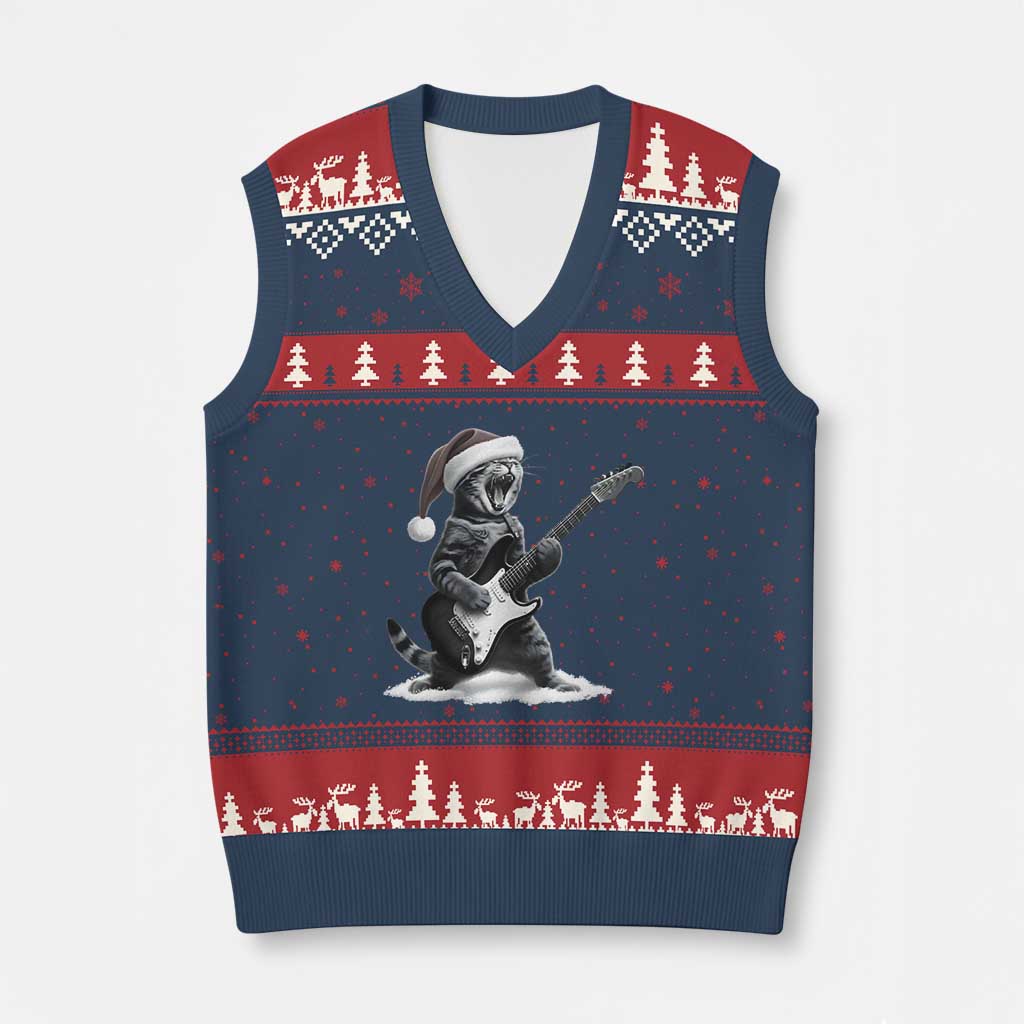 Funny Cat Guitar V-Neck Knit Sweater Vest Rock and Roll Xmas TS14 Navy Red Print Your Wear