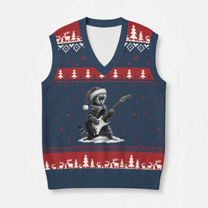 Funny Cat Guitar V-Neck Knit Sweater Vest Rock and Roll Xmas TS14 Navy Red Print Your Wear
