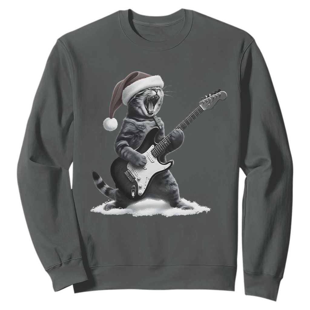 Funny Cat Guitar Sweatshirt Rock and Roll Christmas TS14 Dark Heather Print Your Wear