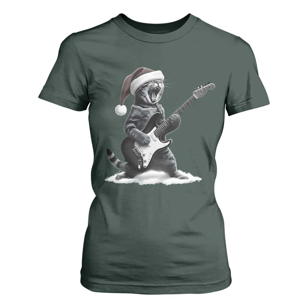 Funny Cat Guitar T Shirt For Women Rock and Roll Christmas TS14 Dark Forest Green Print Your Wear