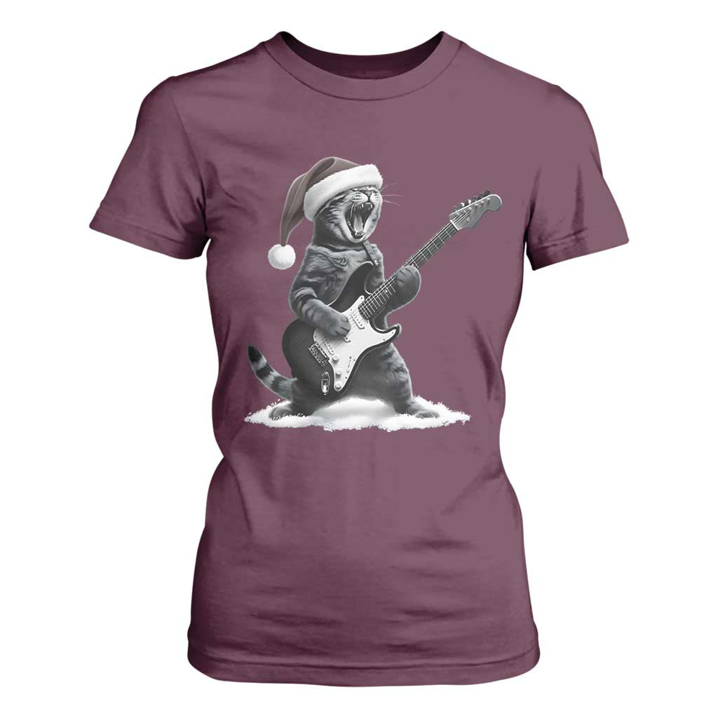 Funny Cat Guitar T Shirt For Women Rock and Roll Christmas TS14 Maroon Print Your Wear