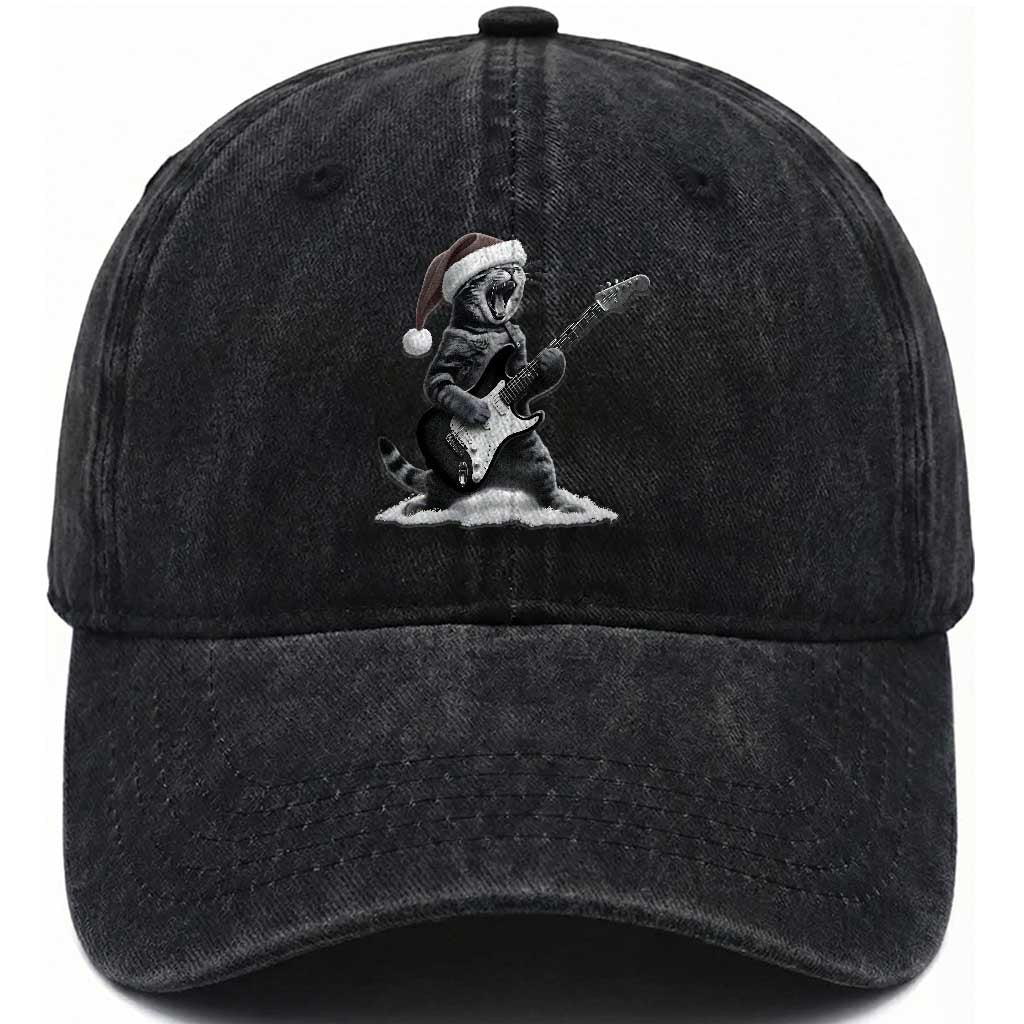 Funny Cat Guitar Washed Cotton Baseball Cap Rock and Roll Christmas TS14 Washed Cap Universal Fit Black Print Your Wear
