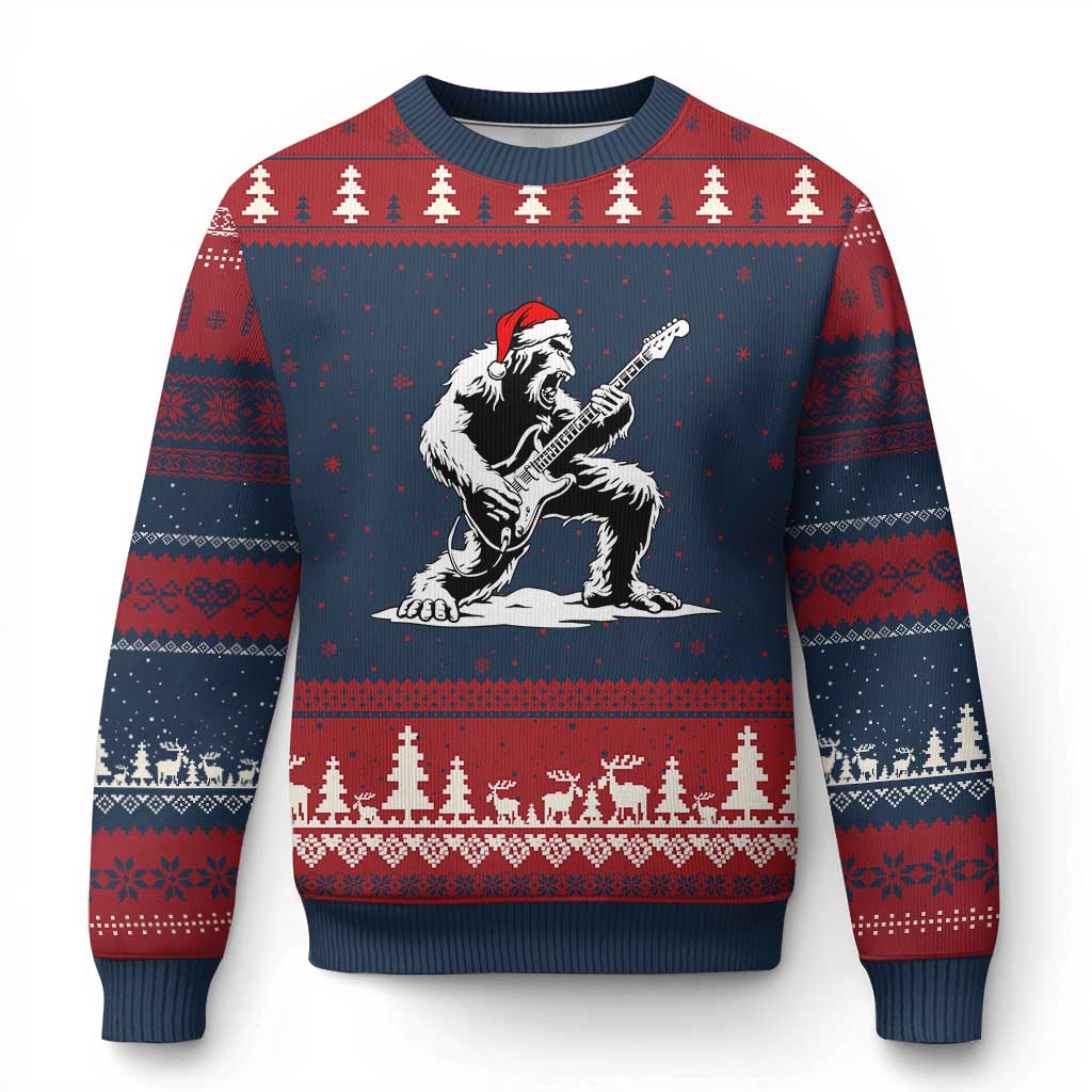 Funny Bigfoot Guitar Ugly Christmas Sweater Rock and Roll Xmas TS14 Navy Red Print Your Wear