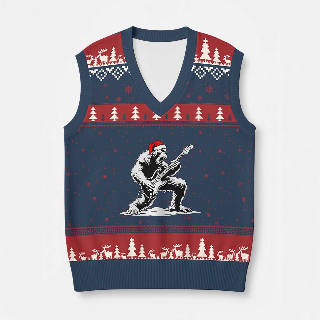 Funny Bigfoot Guitar V-Neck Knit Sweater Vest Rock and Roll Xmas TS14 Navy Red Print Your Wear