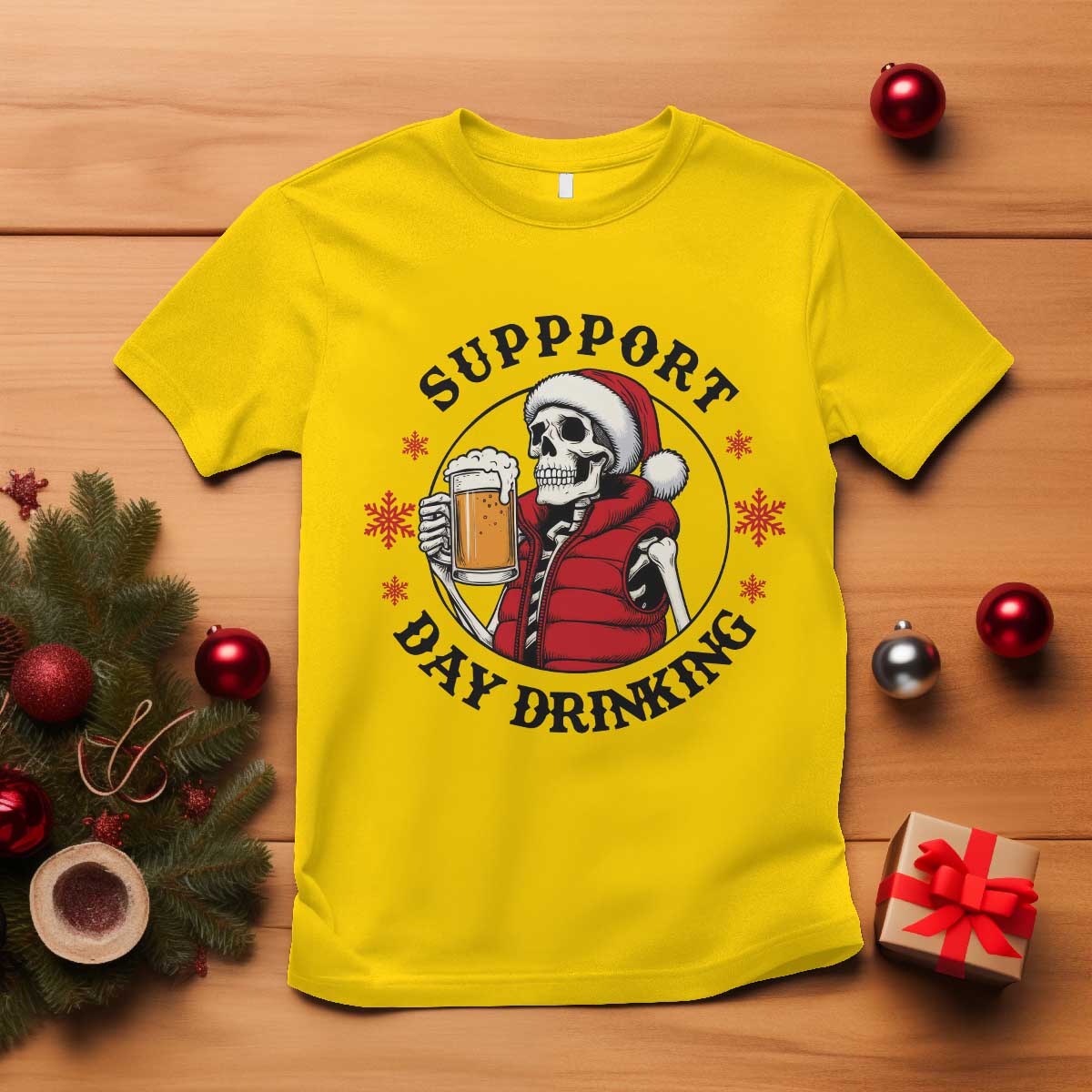 Funny Skeleton Beer Christmas T Shirt Support Day Drinking TS14 Daisy Print Your Wear
