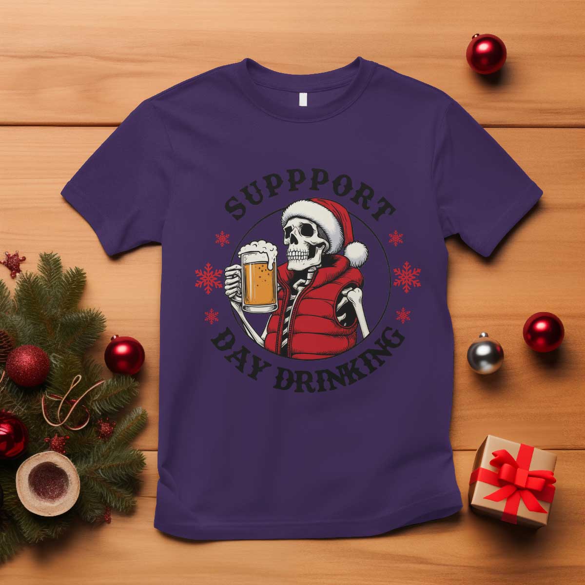 Funny Skeleton Beer Christmas T Shirt Support Day Drinking TS14 Purple Print Your Wear