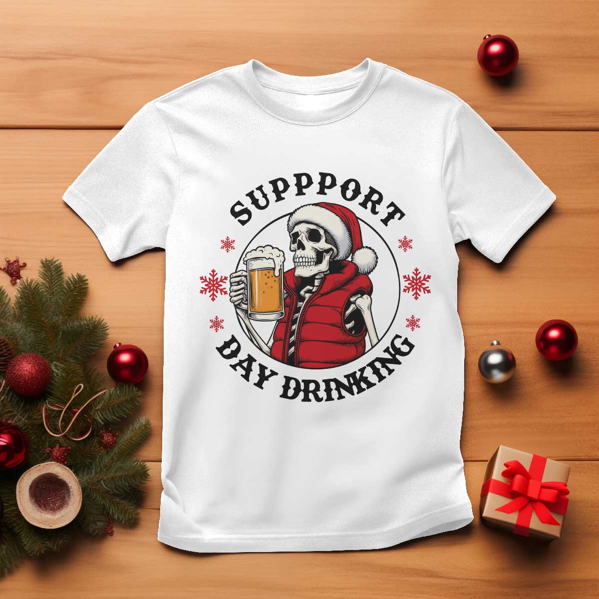 Funny Skeleton Beer Christmas T Shirt Support Day Drinking TS14 White Print Your Wear